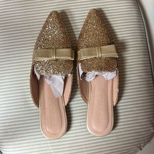 Gold glitter bow slide on mule flats (New! Never worn)